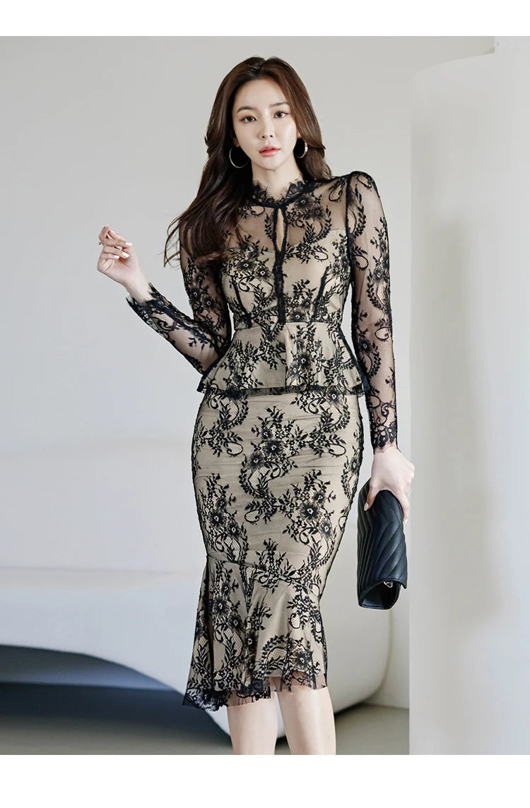 Spring Professional Woman Lace 2 Pieces Set Simple Tops + Vintage High Waist Mermaid Skirt Korean Skirts Suits