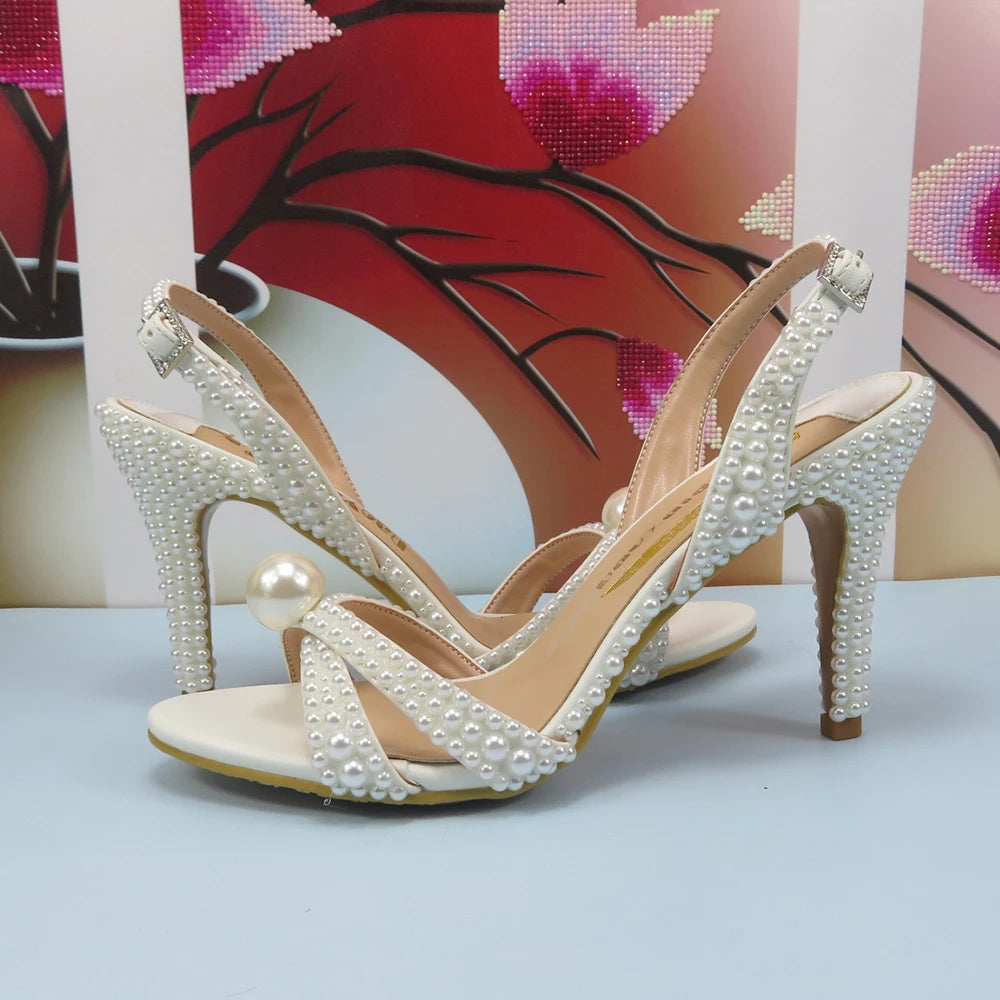 2024 New Arrival Hademade White Sandals Bridal shoes bag set woman Big Pearl Girls fashion Sandals party Shoes Fashion Thin Heel