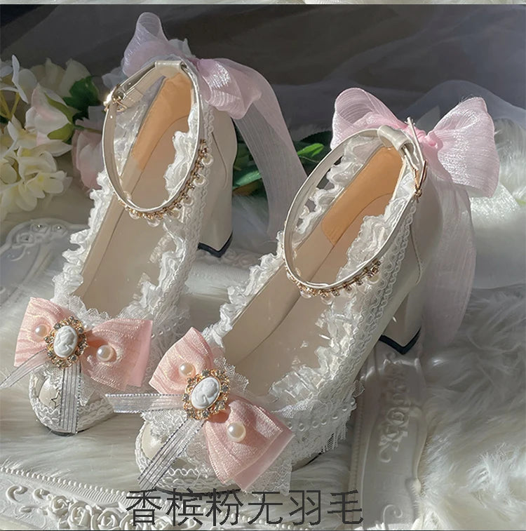 Original Handmade Lolita High Heels Heavy Industry Feather Stitching Pearl Bow Lace Platform Shoes Round Head Princess Heels