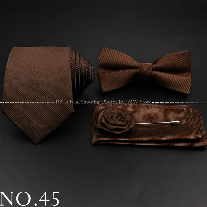 Hot Sale Red Blue Tie Set Polyester Slim Striped Necktie Bowtie Cufflink Brooch For Groom Suit Wedding Cravat Shirt Accessory