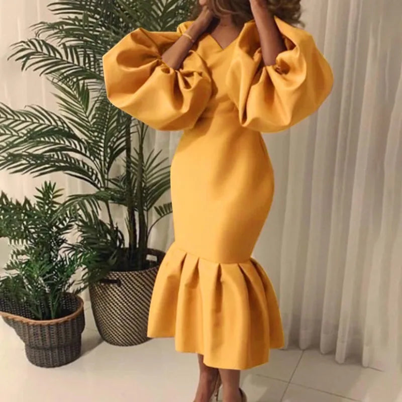African Women's Fashion Solid Color V-neck Bubble Long-sleeved Fishtail Skirt European and American Dress