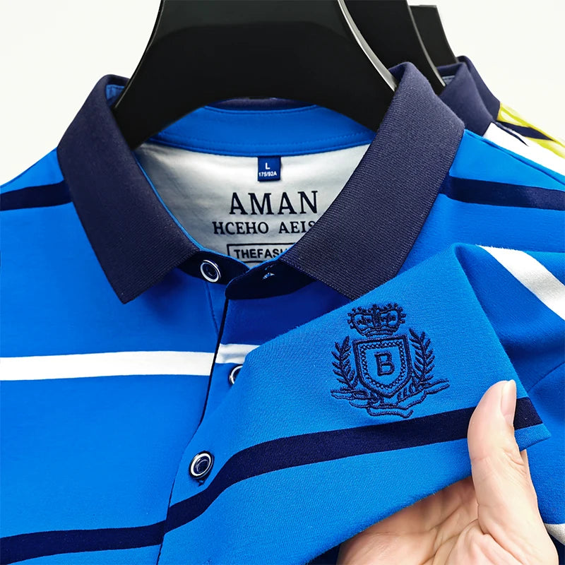 New Men's High End Brand Embroidered Polo Shirt Summer Trend Striped Casual Cool Short Sleeved Lapel T-Shirt Top Men's Clothing