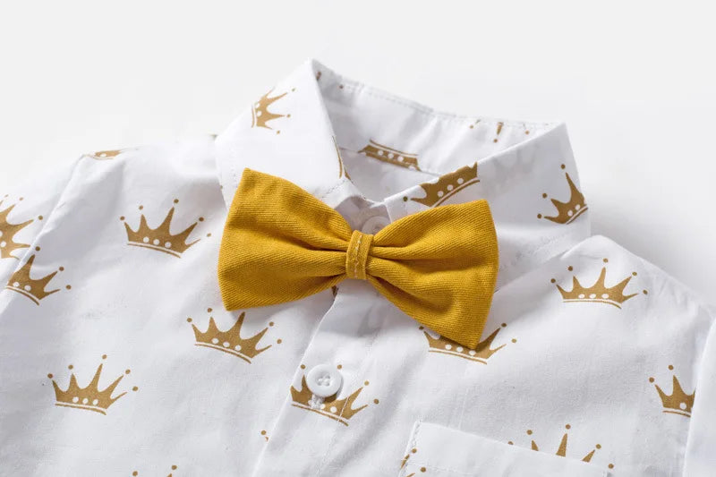 Boys Sets Clothing Summer Crown Print Polo T-Shirt White Shorts Yellow Bowtie Children's Clothing For Boy Kids Clothes Boys