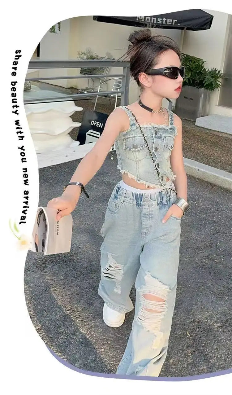 Girl Summer 2025 Halter Vest Ripped Wide-Leg Pants Two-Piece Set Kids Casual Harbor Flavor Simple Style