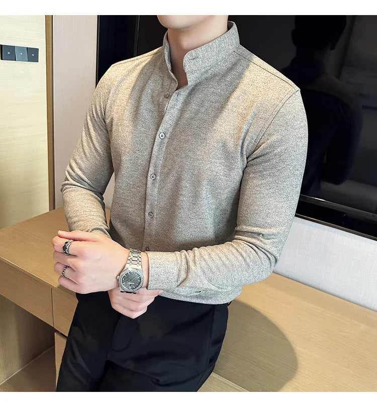 Winter Men Woolen Shirt with British Style Solid Casual Stand Up Collar Thick Warm Wool Formal Dress Shirt Fashion Men Clothing