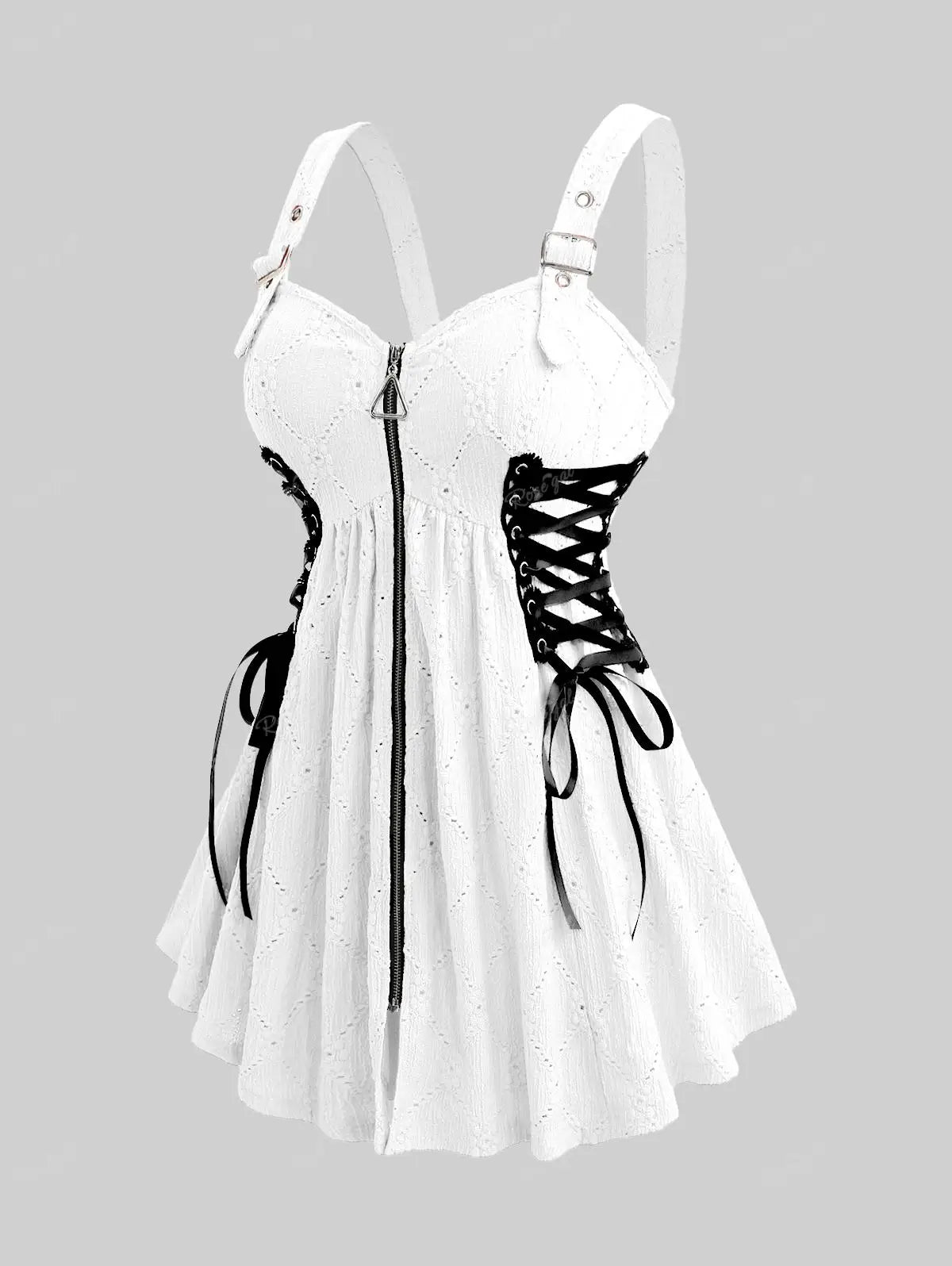 ROSEGAL Plus Size White Hollow Out Lace-Up Zipper Tank Tops Women Summer Jacquard Textured Buckle Grommet Backless Vest
