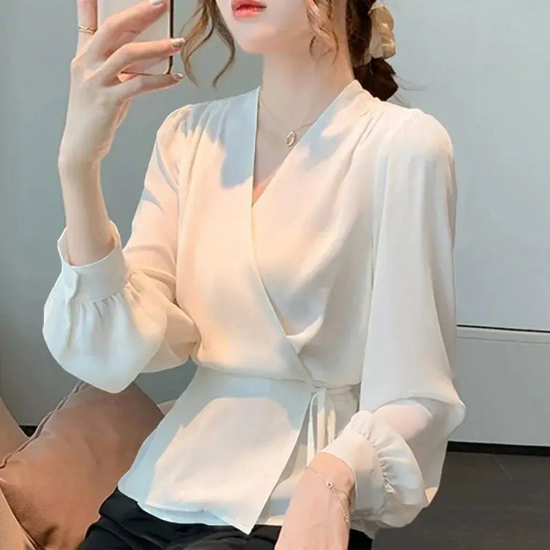 Stylish V-Neck Solid Color All-match Bandage Chiffon Shirt Women's Clothing 2025 Spring New Loose Korean Tops Irregular Blouse