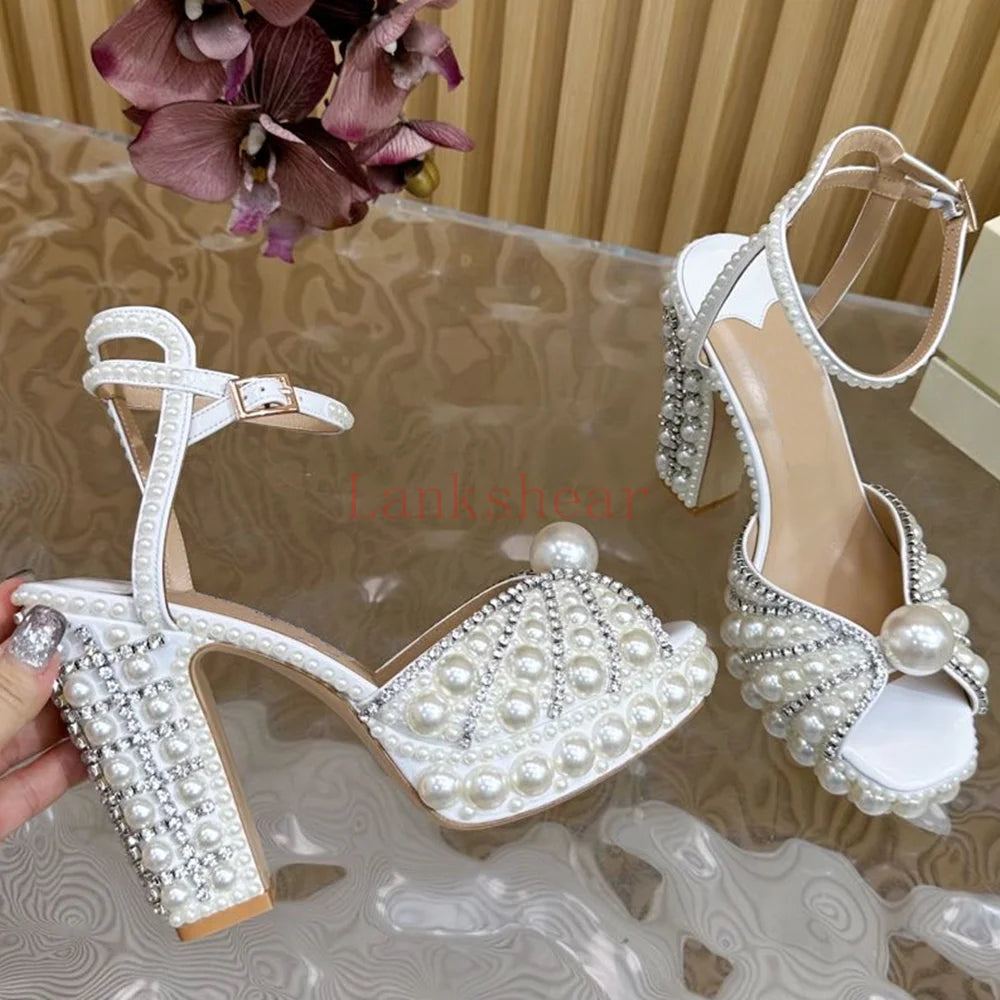 Pearl Crystal Platform Sandals Sexy Square Teoe Thick Heel Anke Strap New Arrivasl Fashion Women Modern Runway Shoes