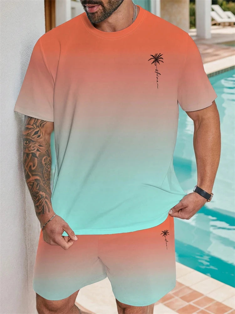 Summer Men's Suit Sportswear Fashion Casual Short Sleeve Vacation Style Gradient Printing Men's T-Shirt Shorts Suit Menswear