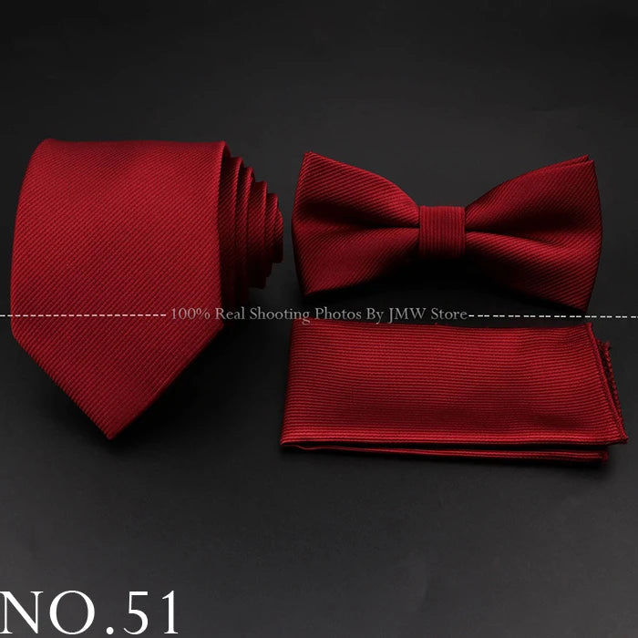 Hot Sale Red Blue Tie Set Polyester Slim Striped Necktie Bowtie Cufflink Brooch For Groom Suit Wedding Cravat Shirt Accessory