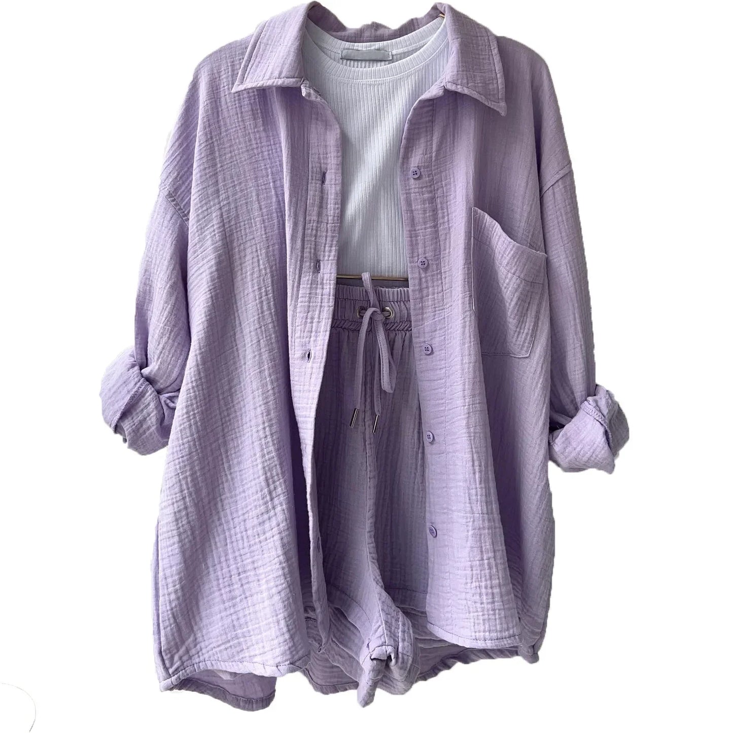 Short Sets Women Tracksuit Single Breasted Cardigan Blouses Two Pieces Shorts Loose Button High Street Solid Pockets Folds