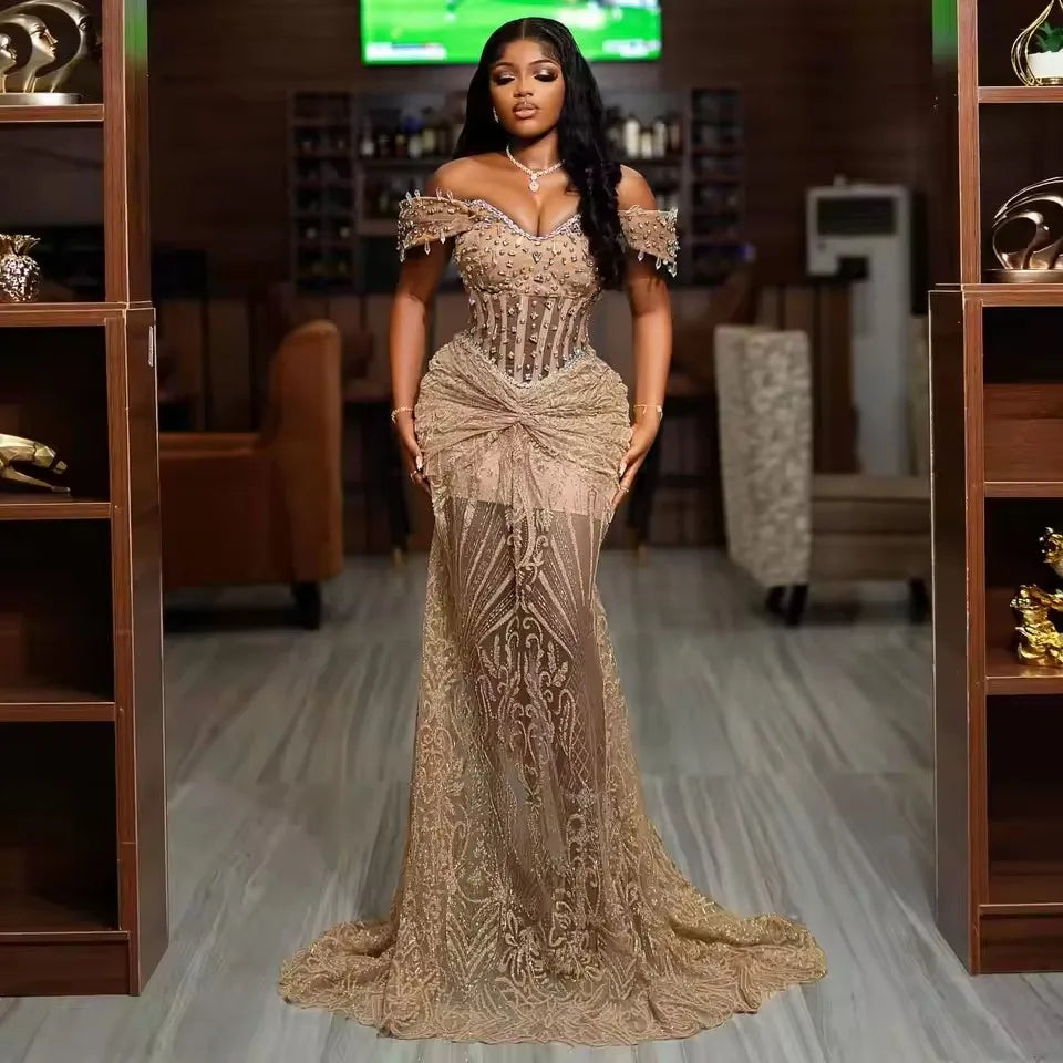 African Champagne Lace Prom Dresses with Rhinestones Off Shoulder Mermaid Black Girls Birthday Dress Formal Party Gowns Customiz