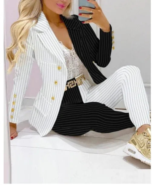 Fashion Butterfly Print Blazer Suit and Pants Two Piece Set for Women 2023 Autumn Winter Outfit Office Lady Casual Clothing