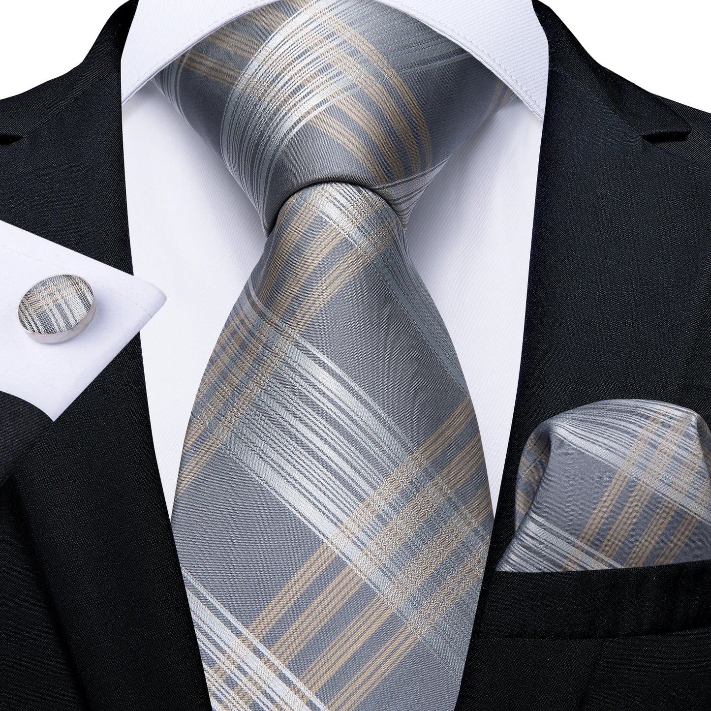 Solid Black Plaid Men's 8cm Polyester Neck Tie Handkerchief Cufflinks Set with Gift Box Tie Clip Birthday Anniversary Gift