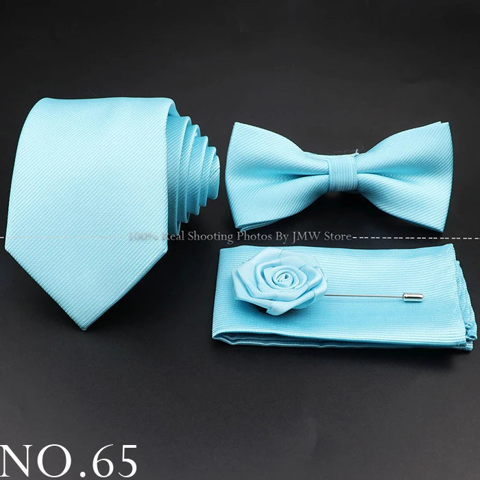 Hot Sale Red Blue Tie Set Polyester Slim Striped Necktie Bowtie Cufflink Brooch For Groom Suit Wedding Cravat Shirt Accessory