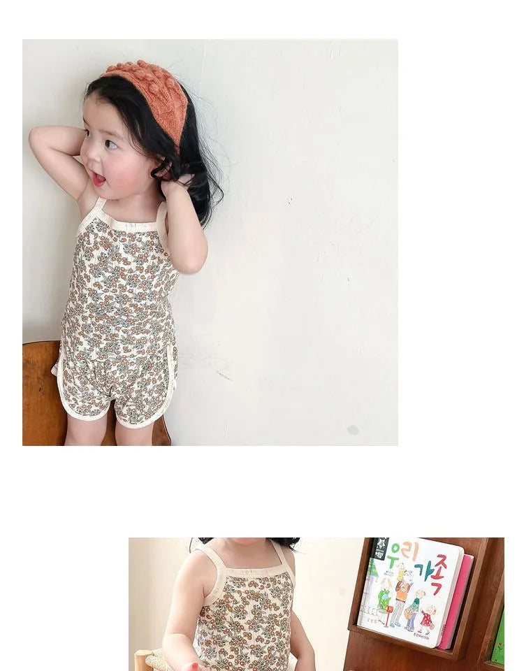 2024 Summer New Baby Sleeveless Tops And Tight Waist Shorts 2 Pieces Suit Girls Square Collar Clothing Set Kids Cotton Clothes
