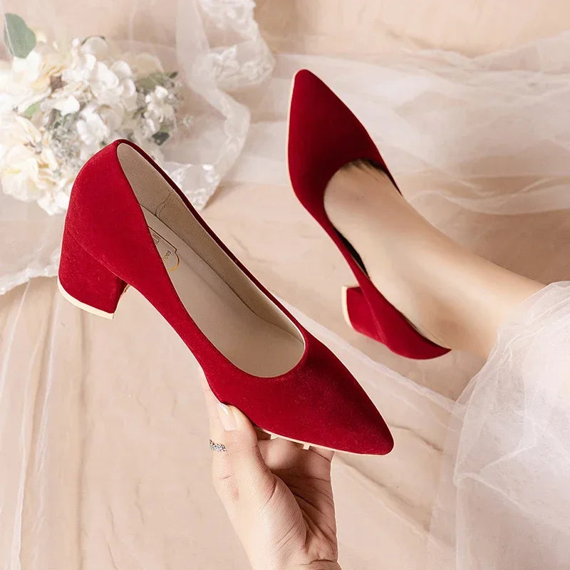 French Red Wedding Shoes for Women 2024 Spring/Summer/Autumn New Pointed Thick Heels Not Tiring Feet Bride Shoes