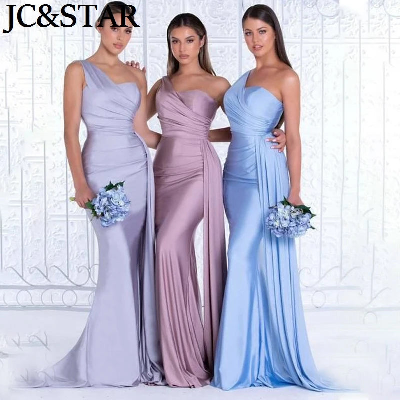 Purple Blue Pink Bridesmaid Dresses Women For Wedding Satin One Shoulder Sexy Mermaid Vestidos Para Bodas Mujer Invitada Chic