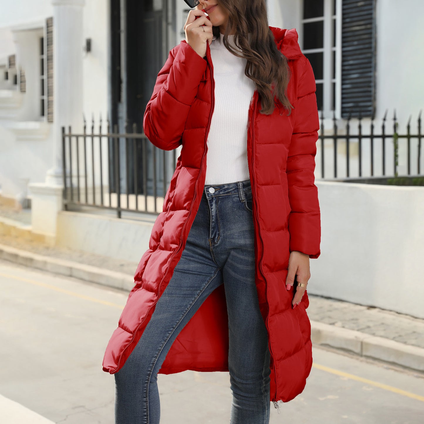 Women's Long Puffer Jacket Winter Warm Quilted Coat Long Sleeve Zip Up Outwear with Hood Casual Outfits Streetwear Autumn