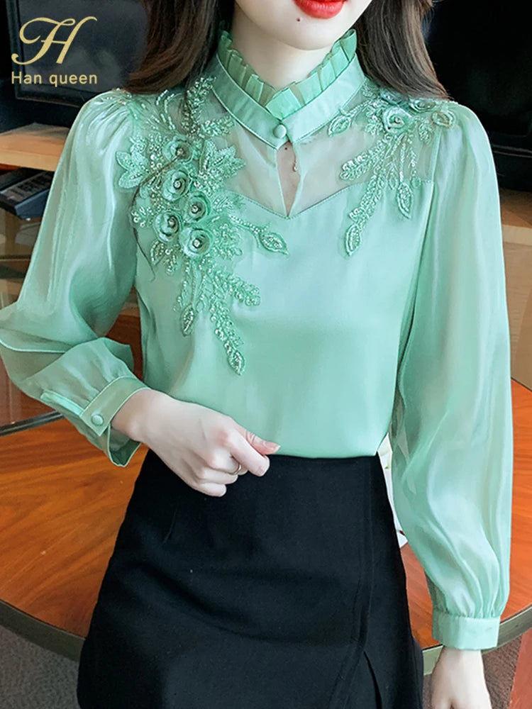 H Han Queen Elegant Autumn Shirt Embroidery Beads Chiffon Simple Office Blouse Loose Tops Long Sleeve Casual Blouses Women