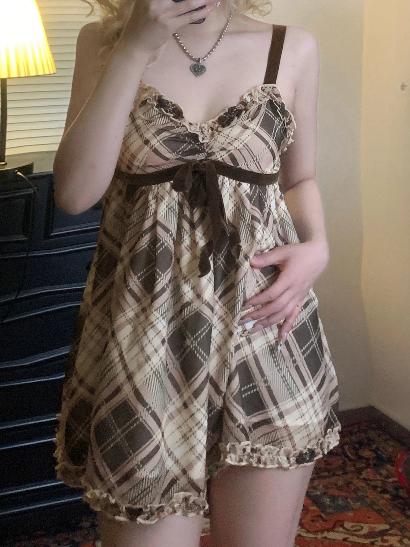 Sweet Plaid Bow Cute Simple Camisole Dresses Tops Fashion All-Match Retro Women Home Clothing