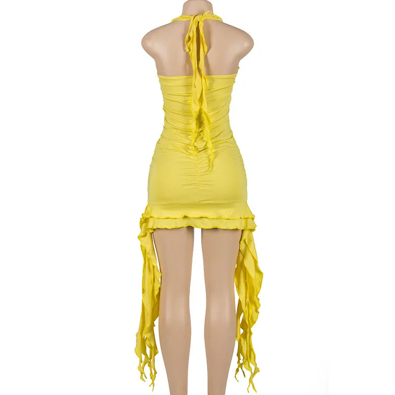 HLJ Sexy Ruffle Y2K Mini Dress For Women Halter Neck Backless Fringed Ruched Cocktail Summer Party Tassels Short Dresses