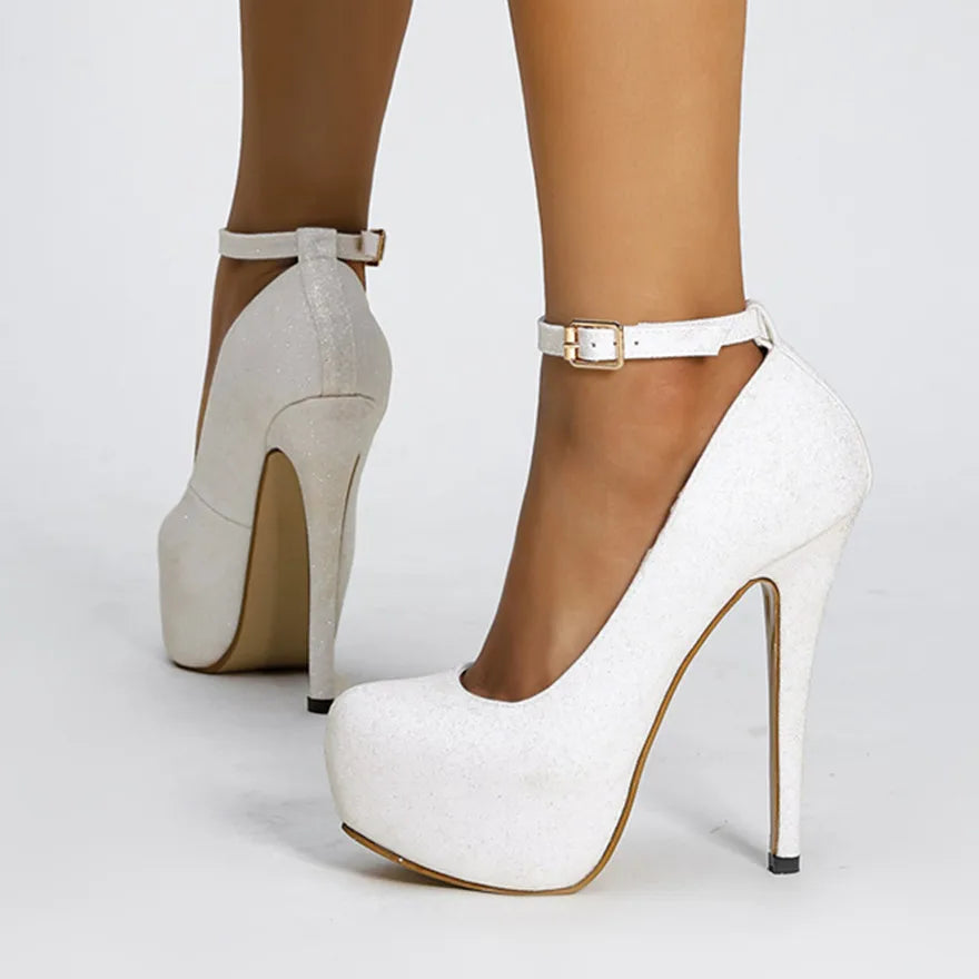 New Women's Shoes Round Toe Glitter Single Shoes Shallow Mouth Waterproof Slim Heel Women's High Heels Plus Size Shoes