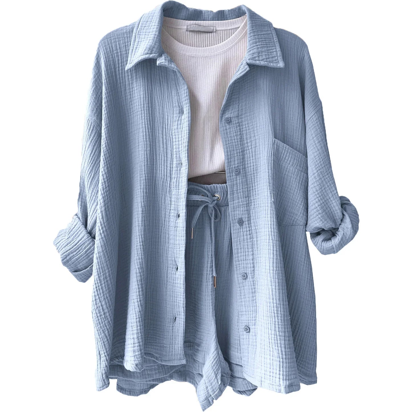 Short Sets Women Tracksuit Single Breasted Cardigan Blouses Two Pieces Shorts Loose Button High Street Solid Pockets Folds