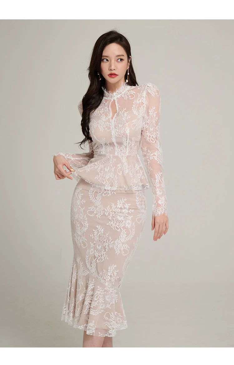 Spring Professional Woman Lace 2 Pieces Set Simple Tops + Vintage High Waist Mermaid Skirt Korean Skirts Suits