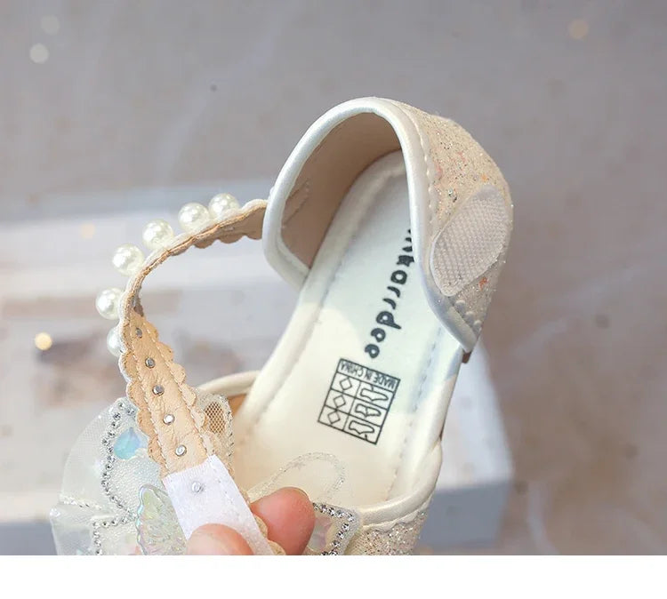 Chic Girls Dress Shoes for Wedding Party Bling Sequins with Rhinestone Butterfly Sweet Princess Chic Kids Flat Shoes Lace Beaded