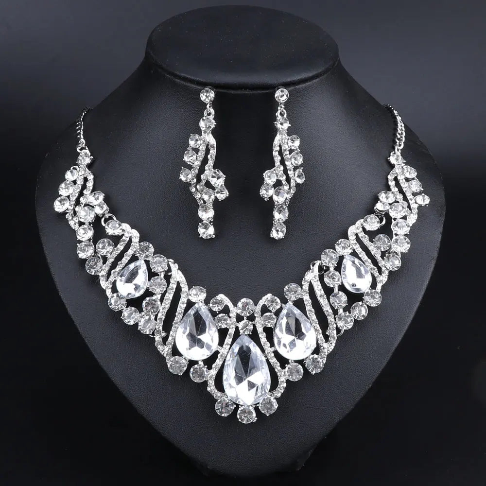 Fashion Crystal Gold Color Necklace Earrings Indian Bridal Jewelry Sets For Brides Wedding Party Costume Accessories Women