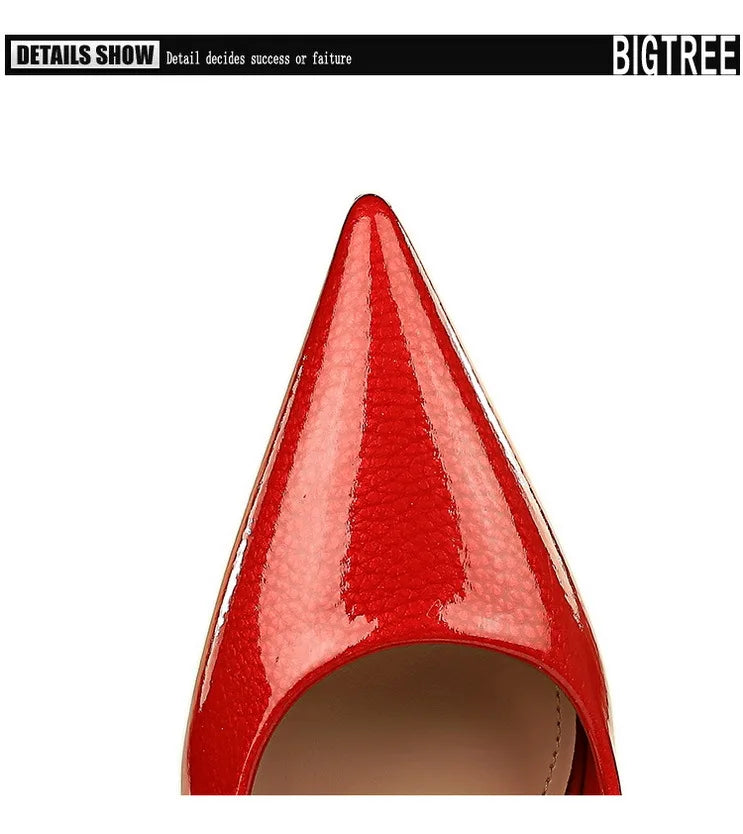 BIGTREE Elegant Simple Woman Heels Slim Heels High Heels Shallow Mouth Pointed Crystal Patent Leather Single Shoes Women Shoes