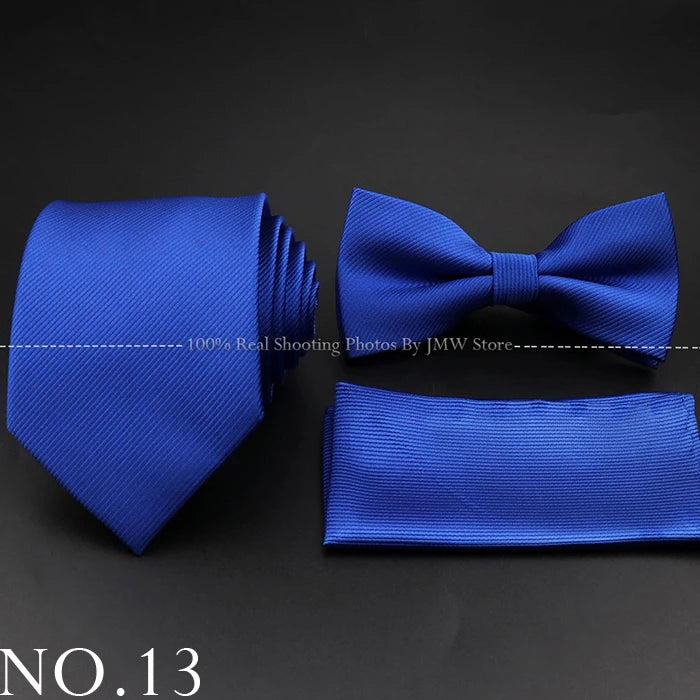 Hot Sale Red Blue Tie Set Polyester Slim Striped Necktie Bowtie Cufflink Brooch For Groom Suit Wedding Cravat Shirt Accessory