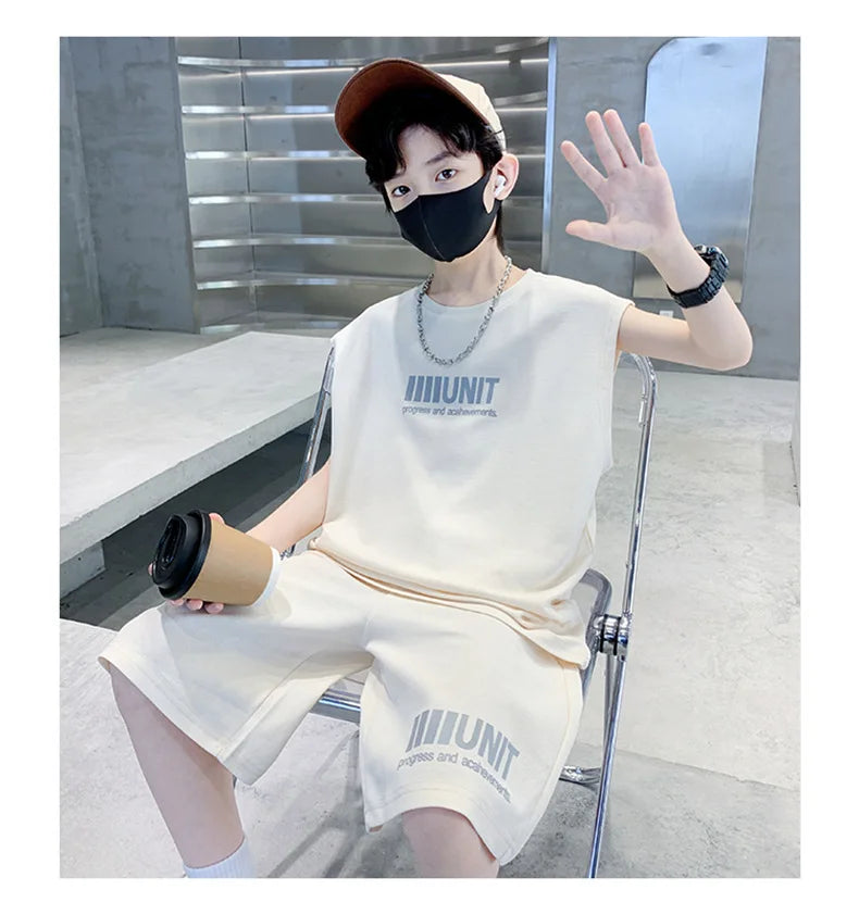 Boys Summer Suit New Children's Sleeveless Vest Sports Suit Fried Street Clothes Cool Handsome Summer Children's Clothing