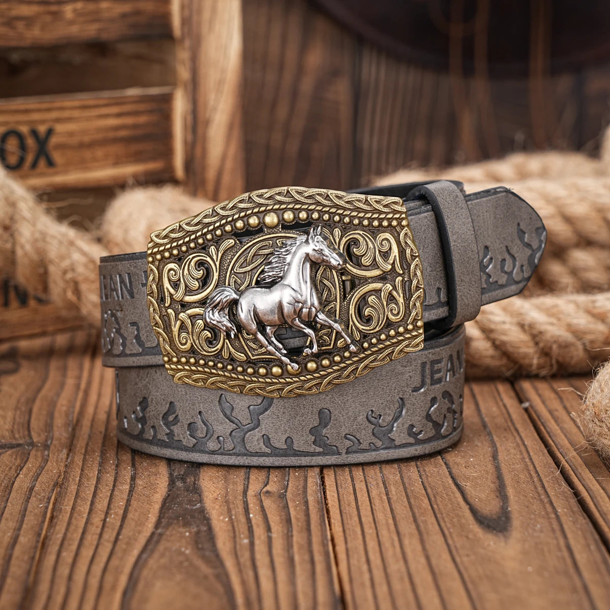 Western Cowboy PU Leather Belt - Men Waist Strap Bull Decoration Floral Engraved for Jeans