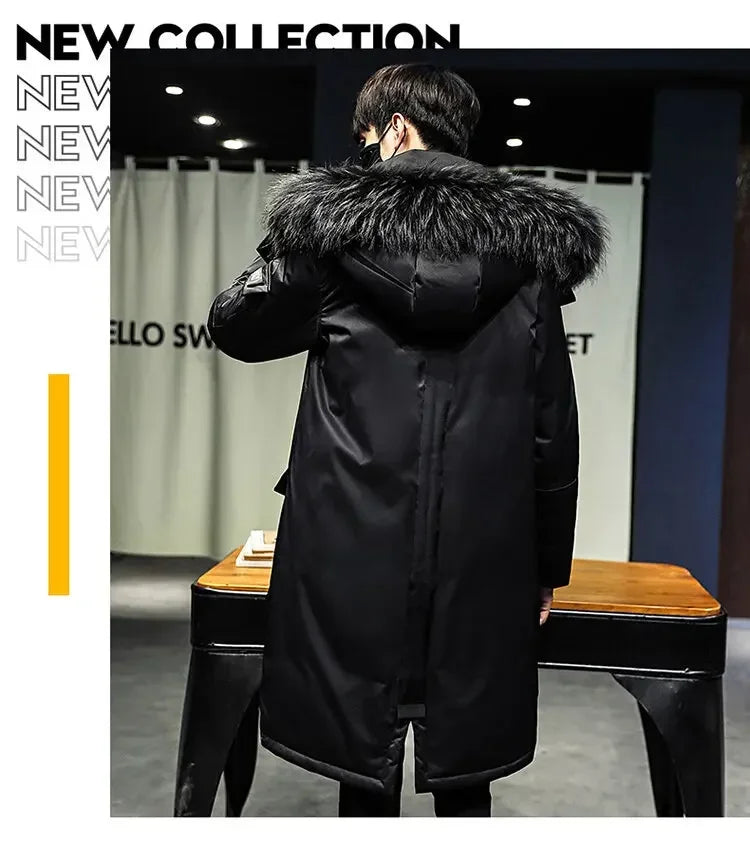Men's Thickened Down Jacket Hooded Faux Fur Collar Winter Long Parka Jacket Outdoor Street Fashion Jacket Men's Clothing 2024