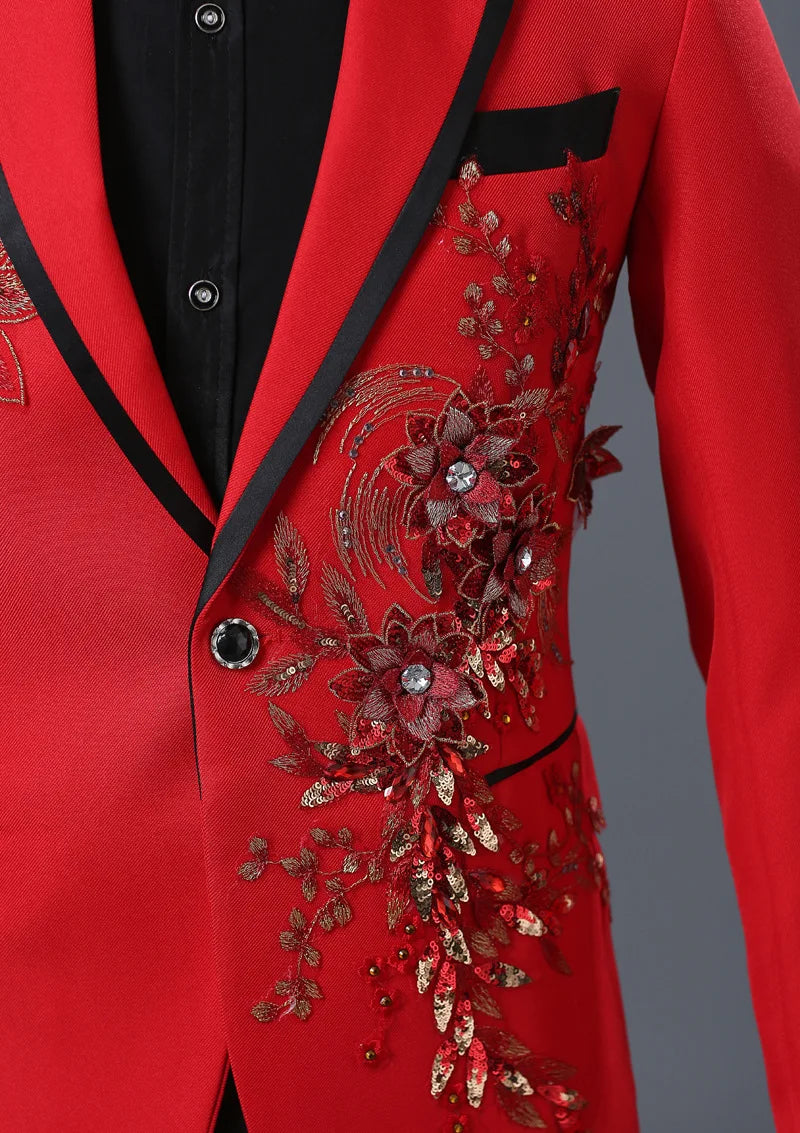 COLDKER Elegant Appliqued Mens Suits Slim Fit 2 Piece Formal Tuxedo Suits Blazer Pants with Bow Tie for Wedding Prom