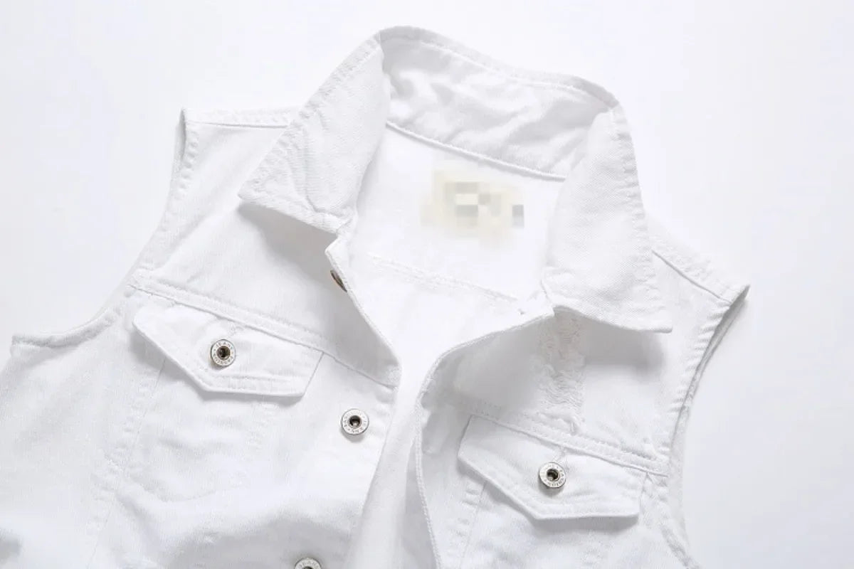 Summer Mens Ripped Denim Vest Male Tank Top Washed Jeans Waistcoat Man Retro Cowboy Hip Hop White Sleeveless Jacket