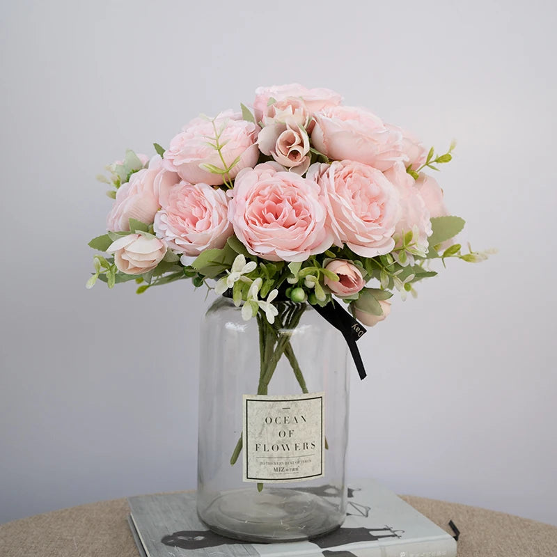 5 Flower Heads Artificial Wedding Rose Flowers Decoration Bride Holding Flower Bouquet Home Room Table Decor