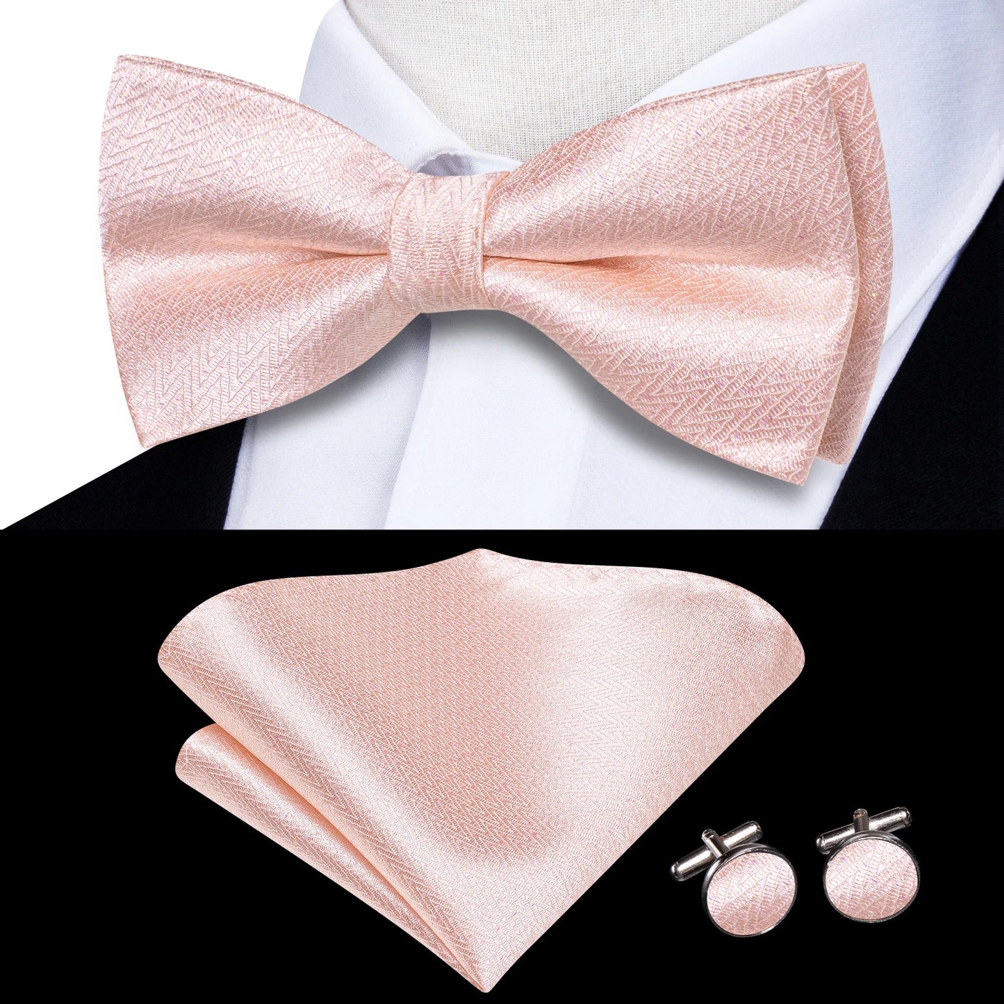 Hi-Tie Pink Dot Silk Mens Pre-tied Bow Tie Hanky Cufflink Set Dusty Pink Butterfly Knot Bowtie for Male Wedding Business