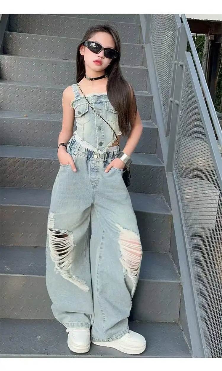 Girl Summer 2025 Halter Vest Ripped Wide-Leg Pants Two-Piece Set Kids Casual Harbor Flavor Simple Style