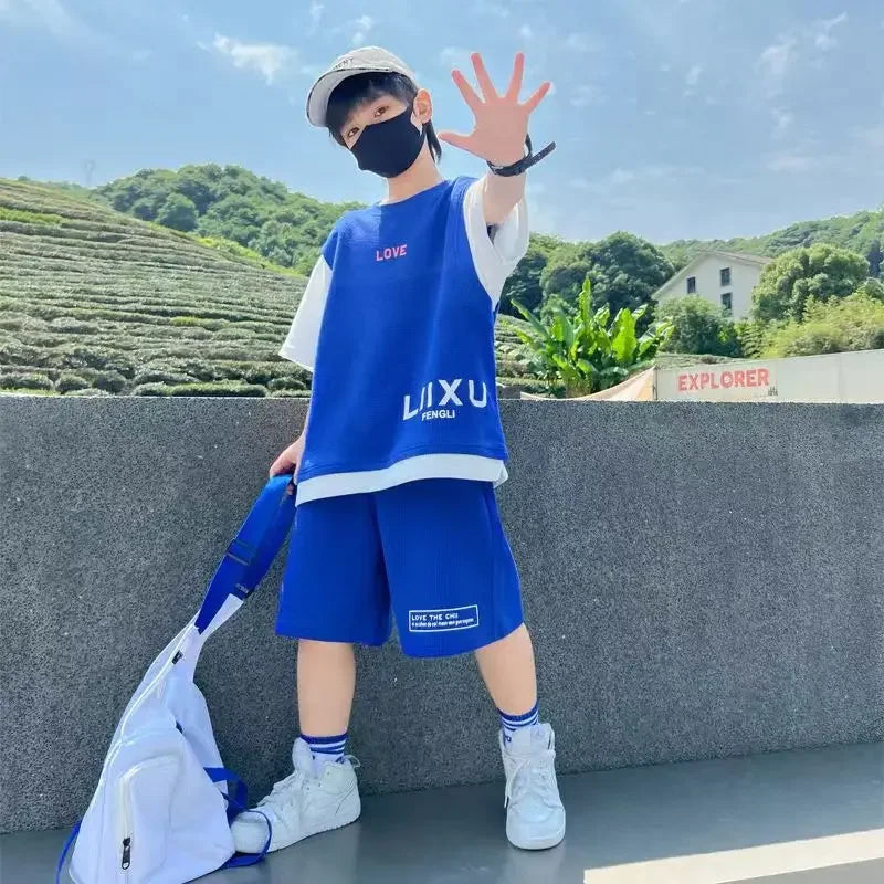 Junior Boys Summer Suit Children's Fashion Patchwork Short Sleeve Shorts Sports Suit Clothing 3-14Y Trend