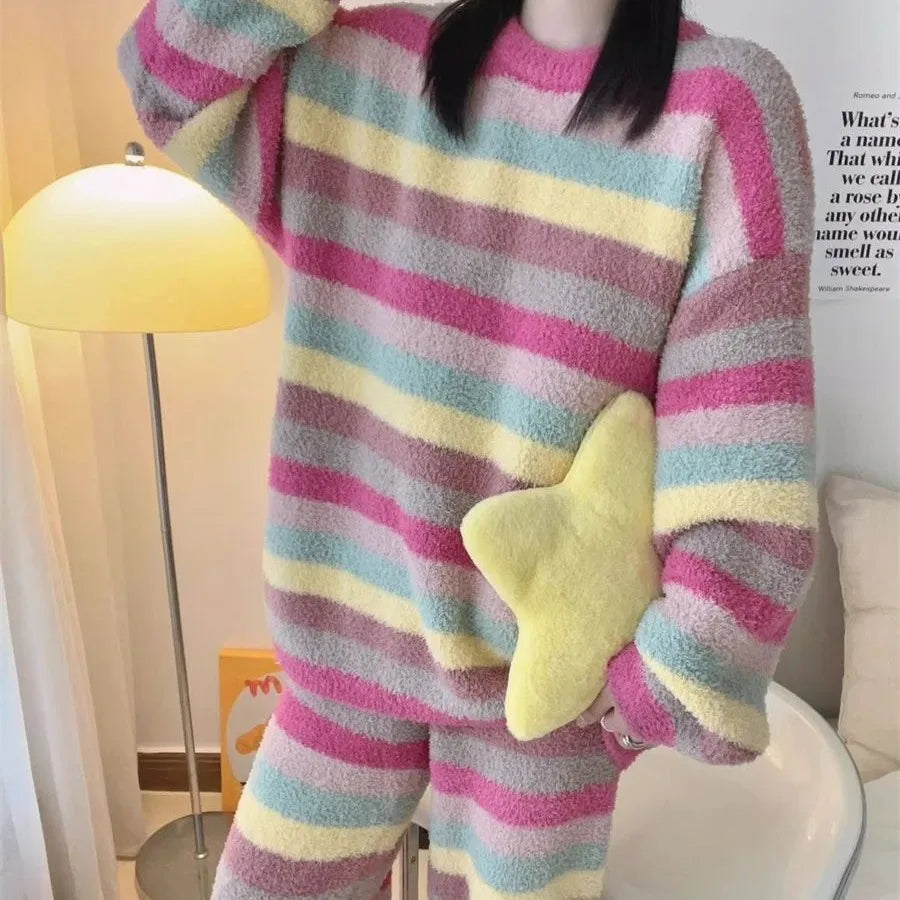 Winter Pajamas for Women: Cute Rainbow Pattern Korean Style Simple Half-Fleece Warm Pajamas Homewear Women's Winter Set