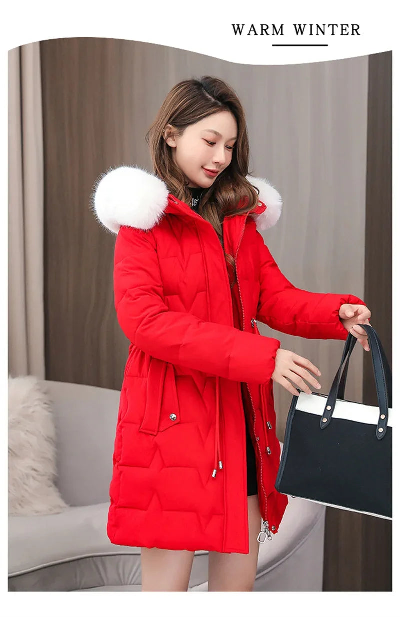 2025 New Winter Women Parka Fur Hooded Jackets Thicken Warm Cotton-padded Puffer Coat Casual Long Parkas Clothes Loose Outerwear
