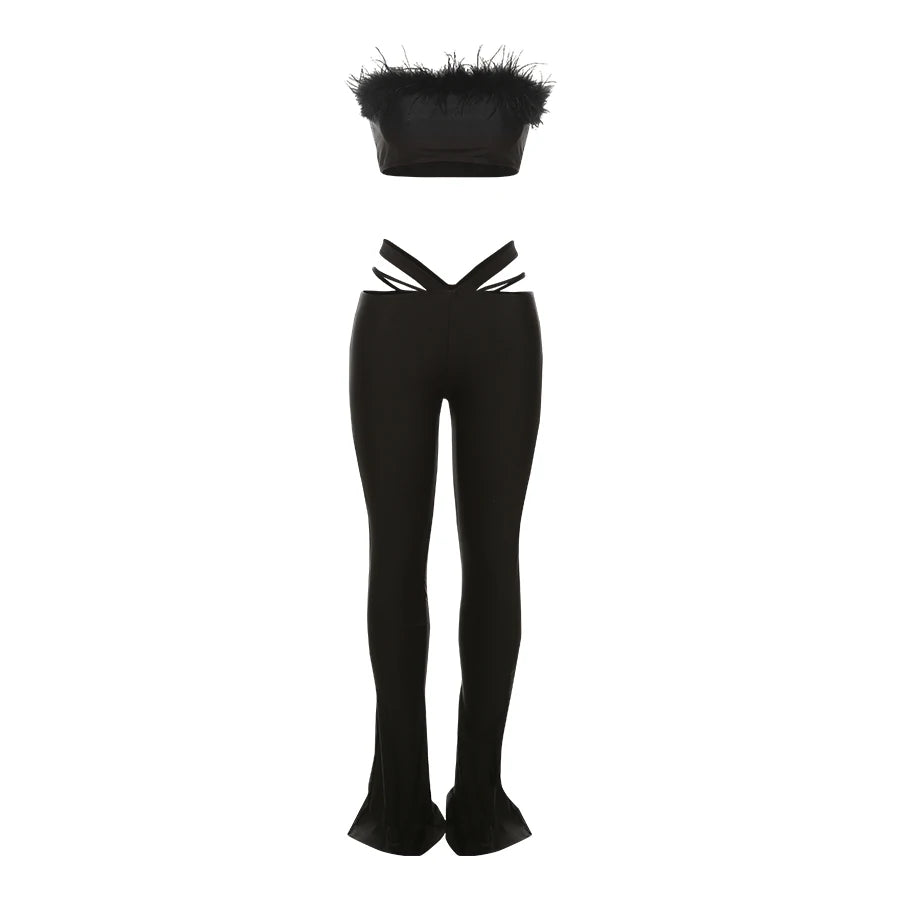 Weird Puss Sexy Women 2 Piece Set 2025 Summer Trend Feather Strapless Tops+High-Waisted Hollow Leggings Matching Clubwear Suits