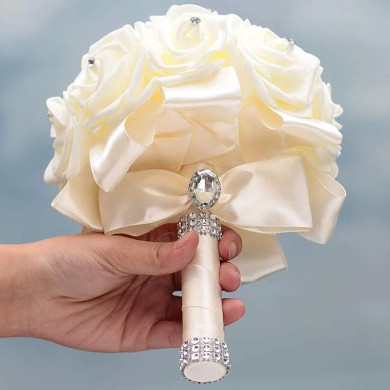 Ivory white Cream bouquet Bride Bridesmaids with diamond artificial roses suitable for wedding parties and churches
