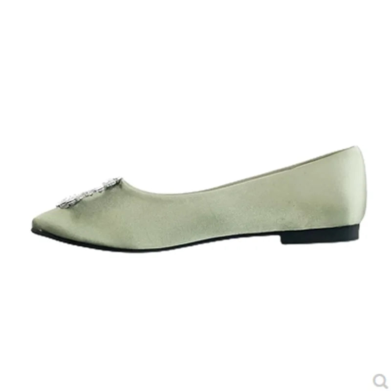 Women Green Blue Shoes Silk Null Plain Flats Pointed Toe Slip-On With Crystal Buckle Shallow Mouth Cute Retro Tacons 32-48 28cm