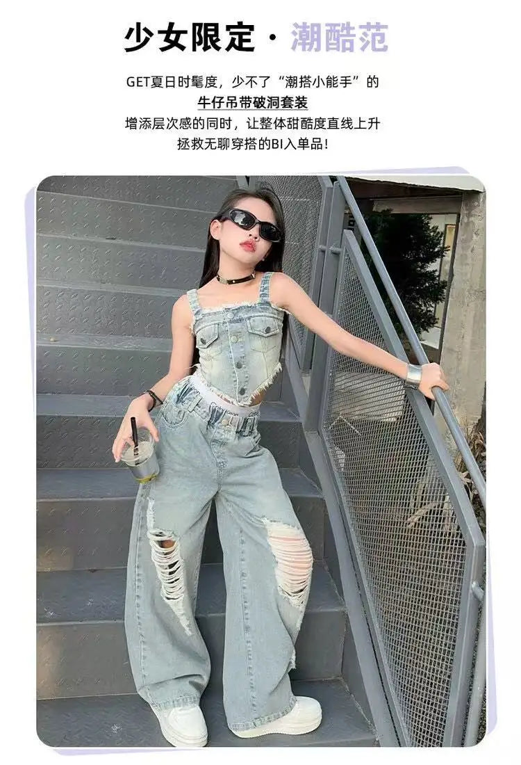 Girl Summer 2025 Halter Vest Ripped Wide-Leg Pants Two-Piece Set Kids Casual Harbor Flavor Simple Style