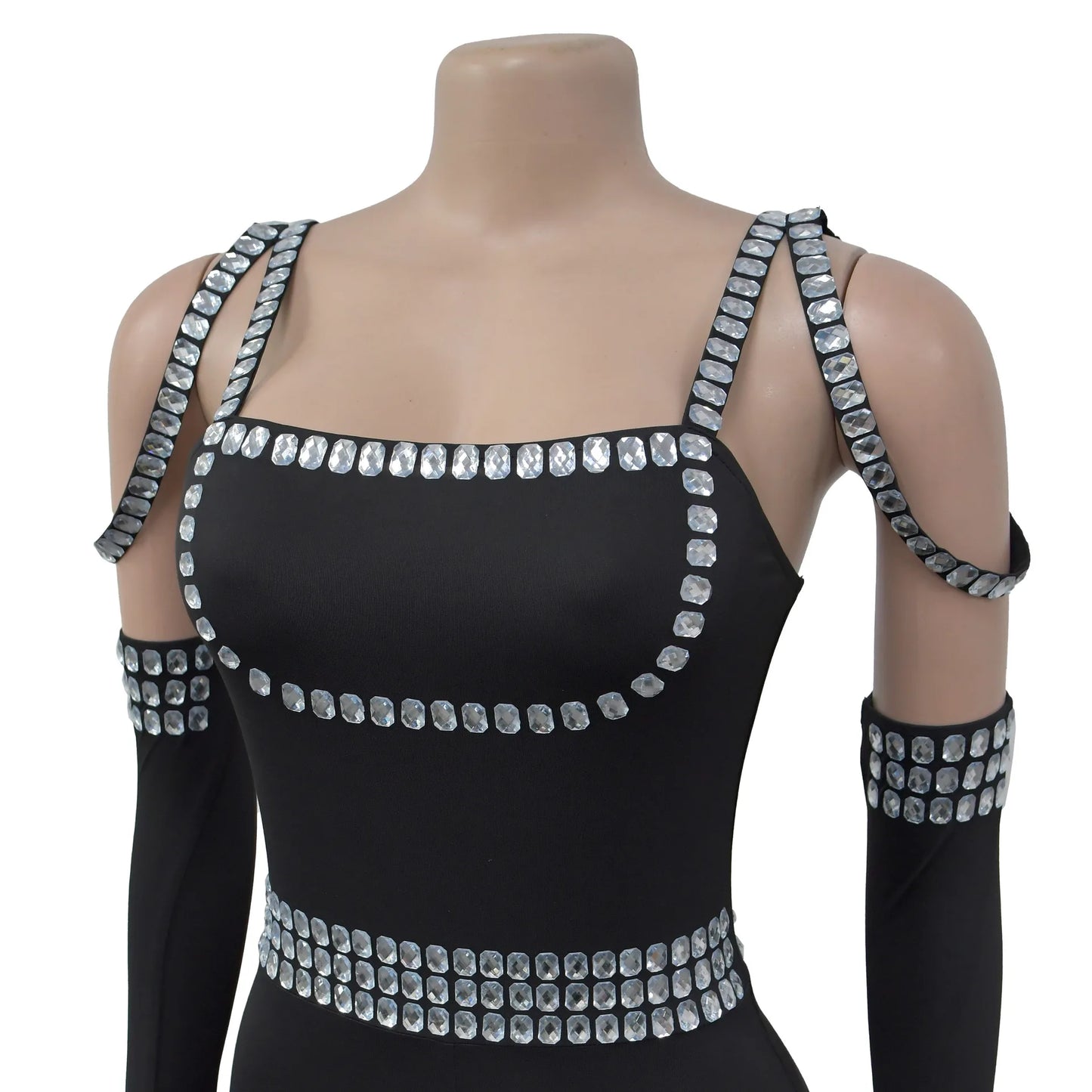 CM.YAYA Women Diamonds Hot Rhinestones Sexy Strap Long Sleeve Jumpsuits Streetwear Club One Piece Overall Rompers with Gloves