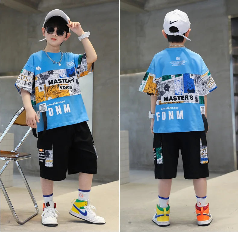 Summer Boys Cotton Alphabet Picture Printed T-Shirt Tops+Shorts Pant School Kids 2PCS Tracksuit Child Outfits Workout Set 3-16Yr